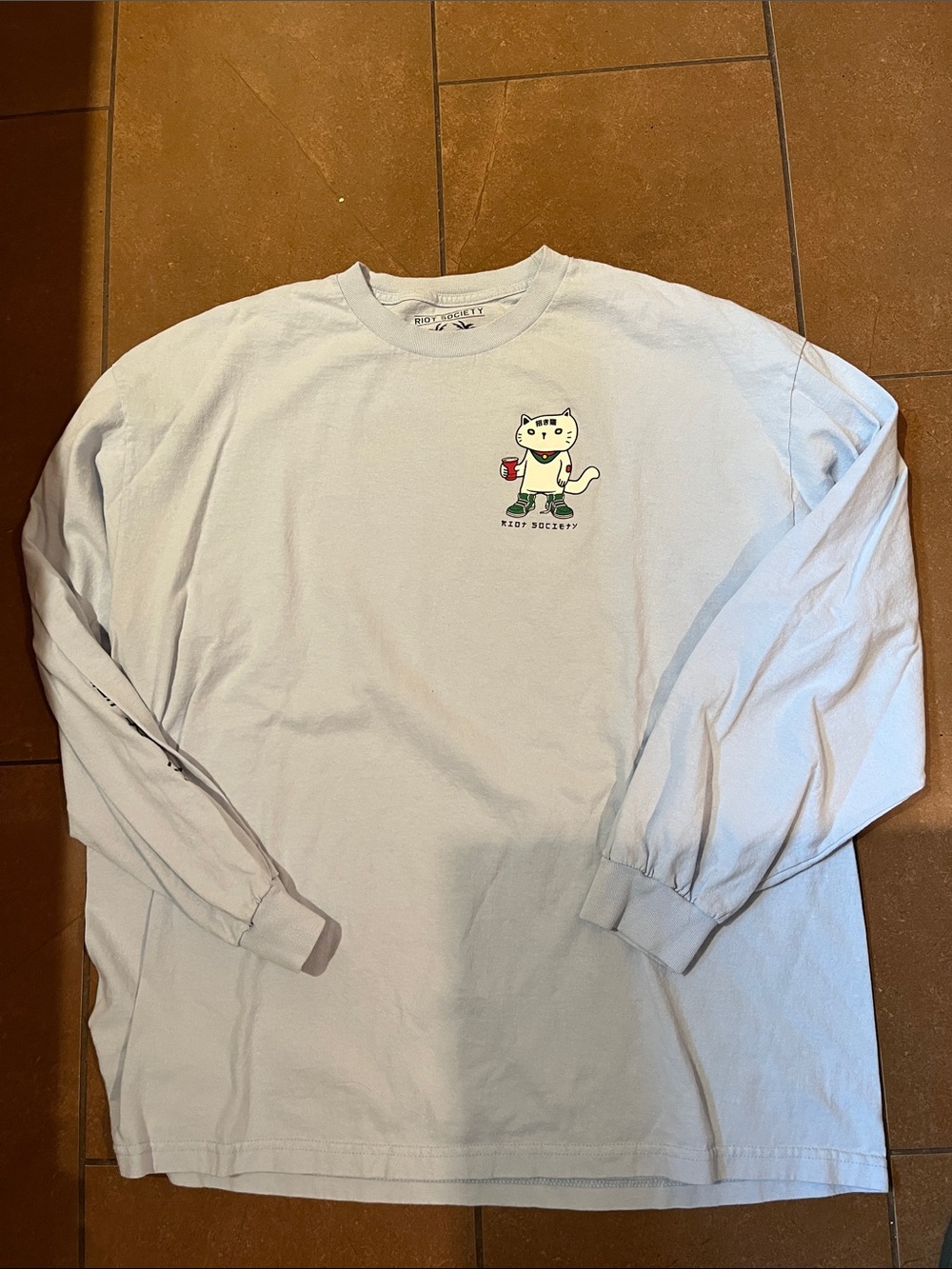 Riot Society Light Blue Long-Sleeve Tee with Cat Graphic